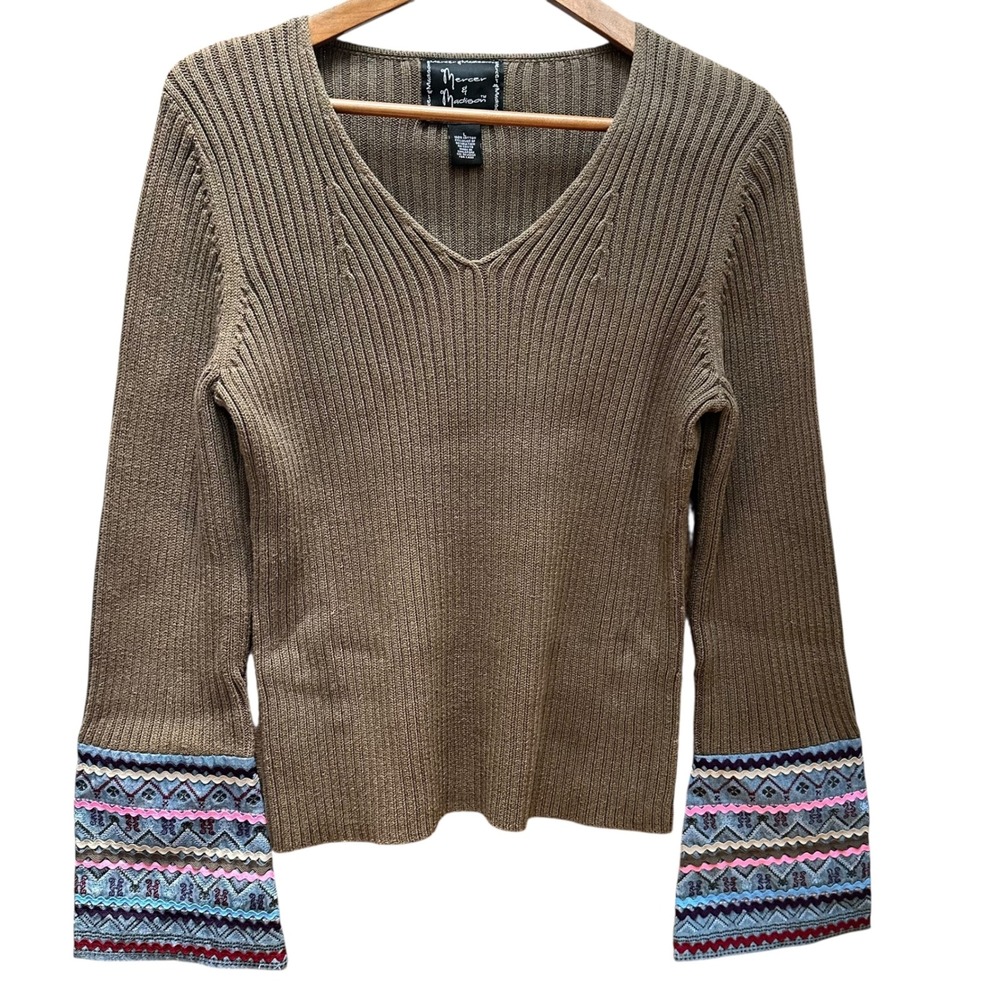 Mercer & Madison Sweater Boho Embroidered Sleeves Hippie Beige Fall Size L‎